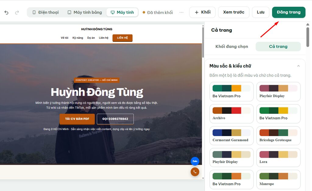 Hướng dẫn chỉnh sửa Landing Page sau khi tạo bằng Ông Bụt AI 13 Lưu và đăng Landing Page